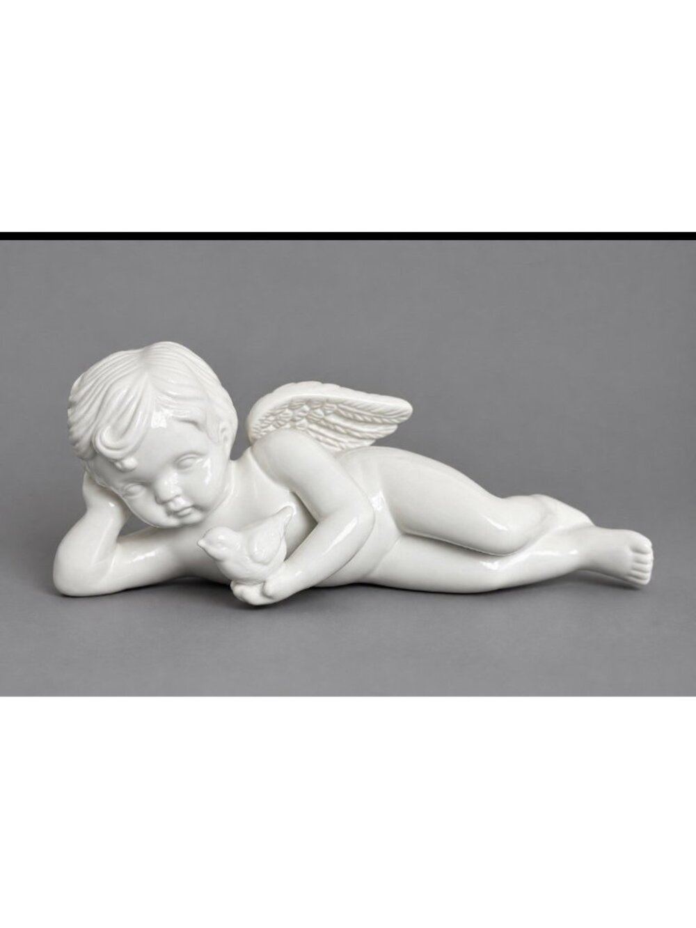 Vintage 8" White Ceramic Laying Down Cherub Angel with Bird Figurine